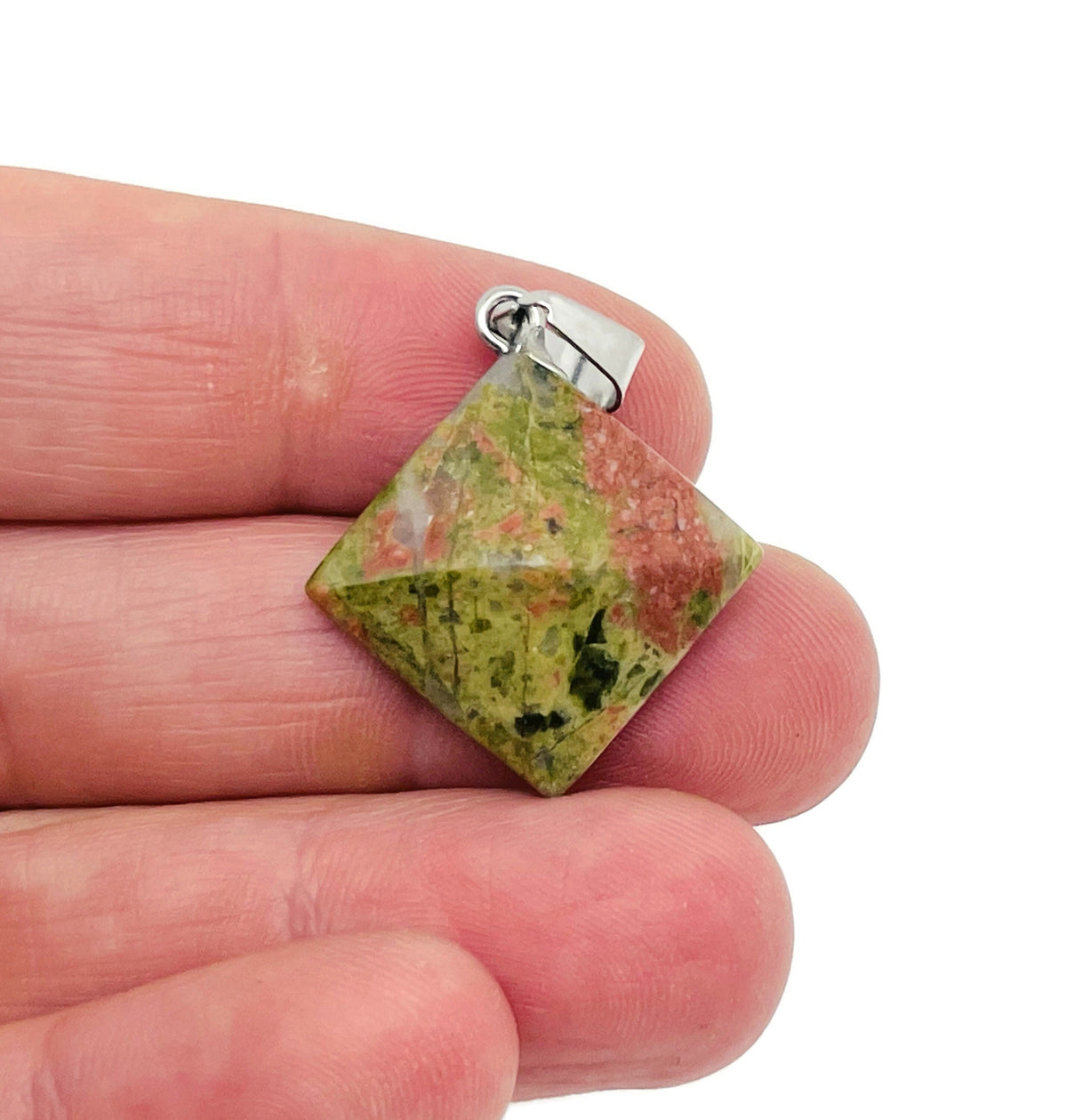 Unakite pyramid gemstone pendant from GemstoneGO featuring a natural green and pink stone jewelry piece.
