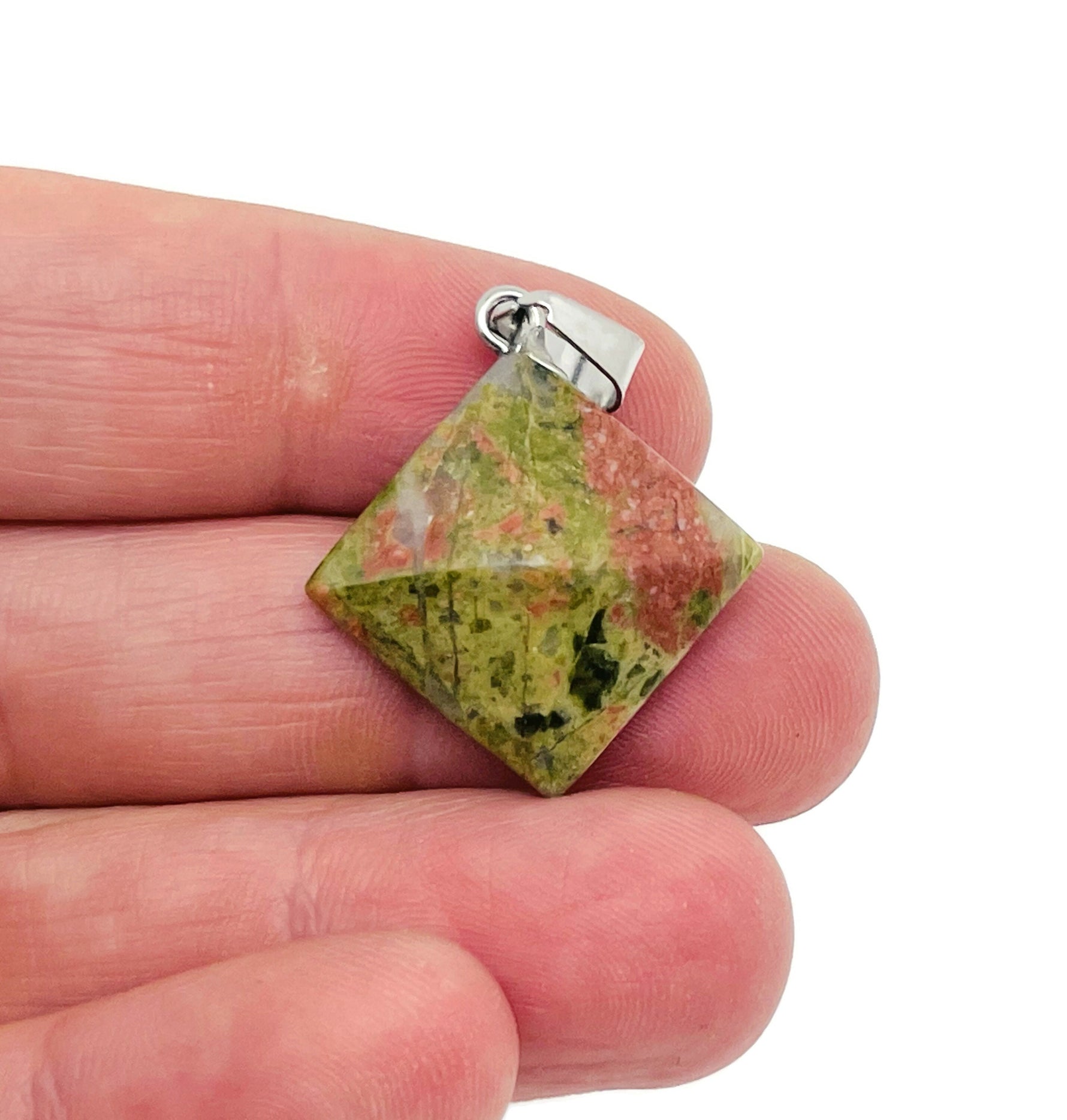 Unakite pyramid gemstone pendant from GemstoneGO featuring a natural green and pink stone jewelry piece.