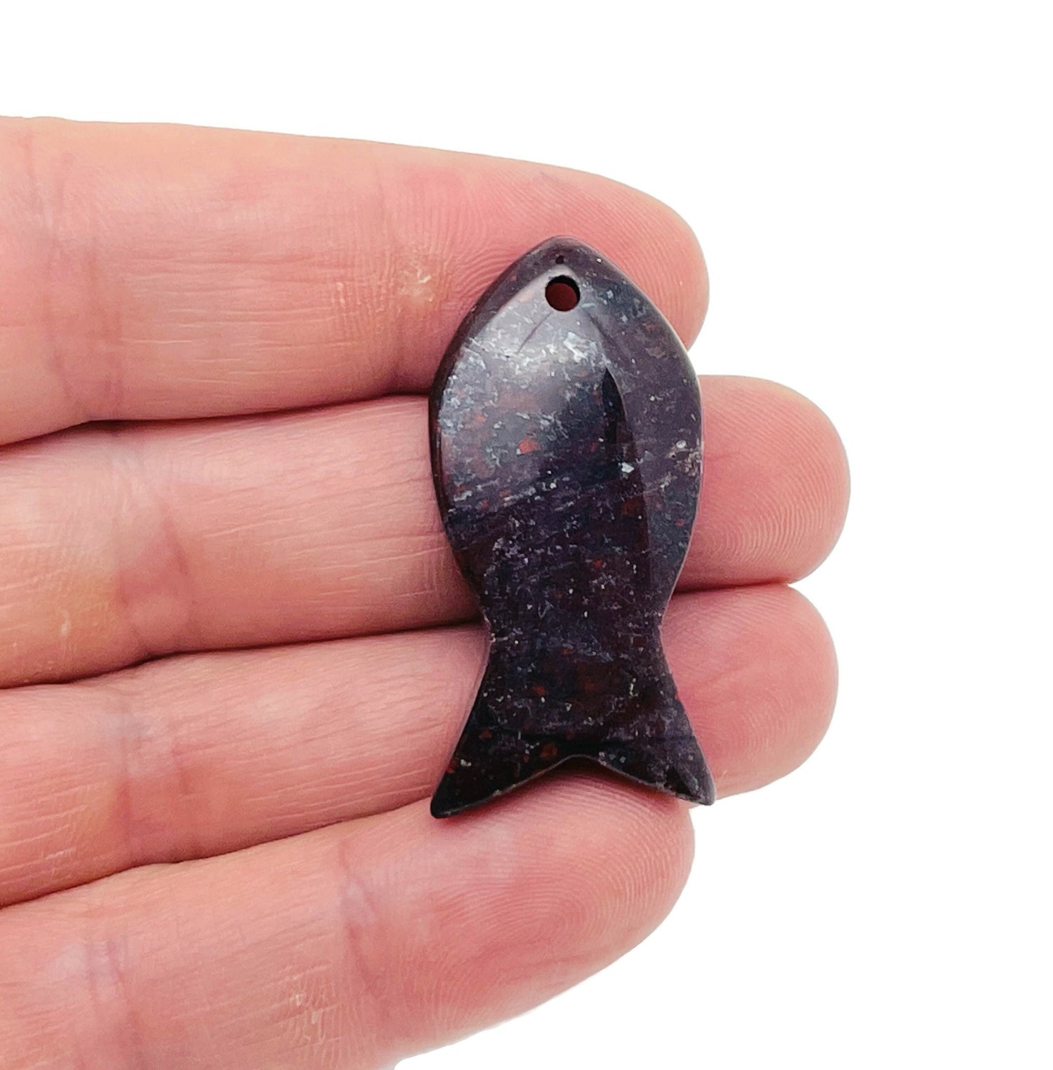 Chicken Bloodstone Jasper Fish Gemstone Pendant - Pisces Zodiac Hole Crystal - NC1394