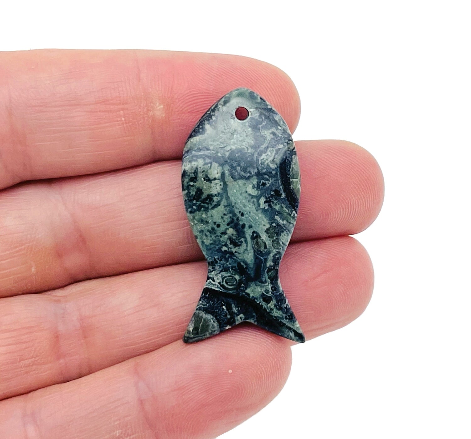 Kambaba Jasper Fish Gemstone Pendant - Pisces Zodiac Hole Crystal - NC1396