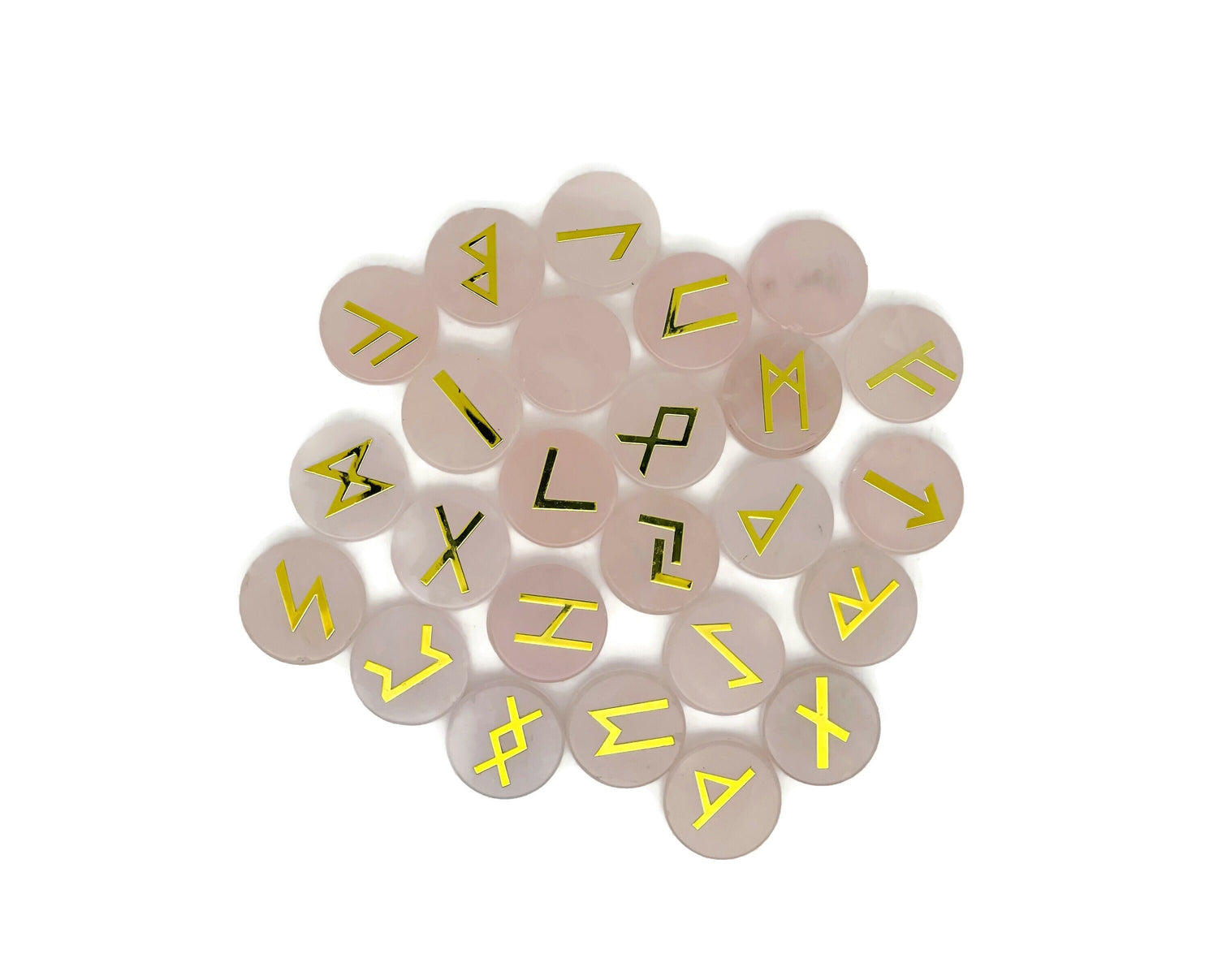 Ensemble de 25 runes en cristal de quartz rose gravées de l'alphabet Futhark ancien - Pierres de poche - Choisissez votre pierre précieuse - RU1001