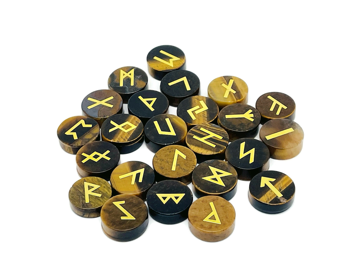 Ensemble de 25 runes en cristal œil de tigre - Alphabet Futhark ancien gravé - Pierres de poche - Choisissez votre pierre précieuse - RU1002