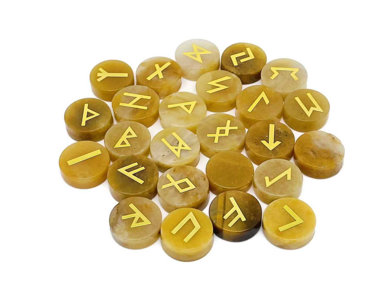 Ensemble de 25 runes en cristal de jade jaune gravées de l'alphabet Futhark ancien - Pierres de poche - Choisissez votre pierre précieuse - RU1010