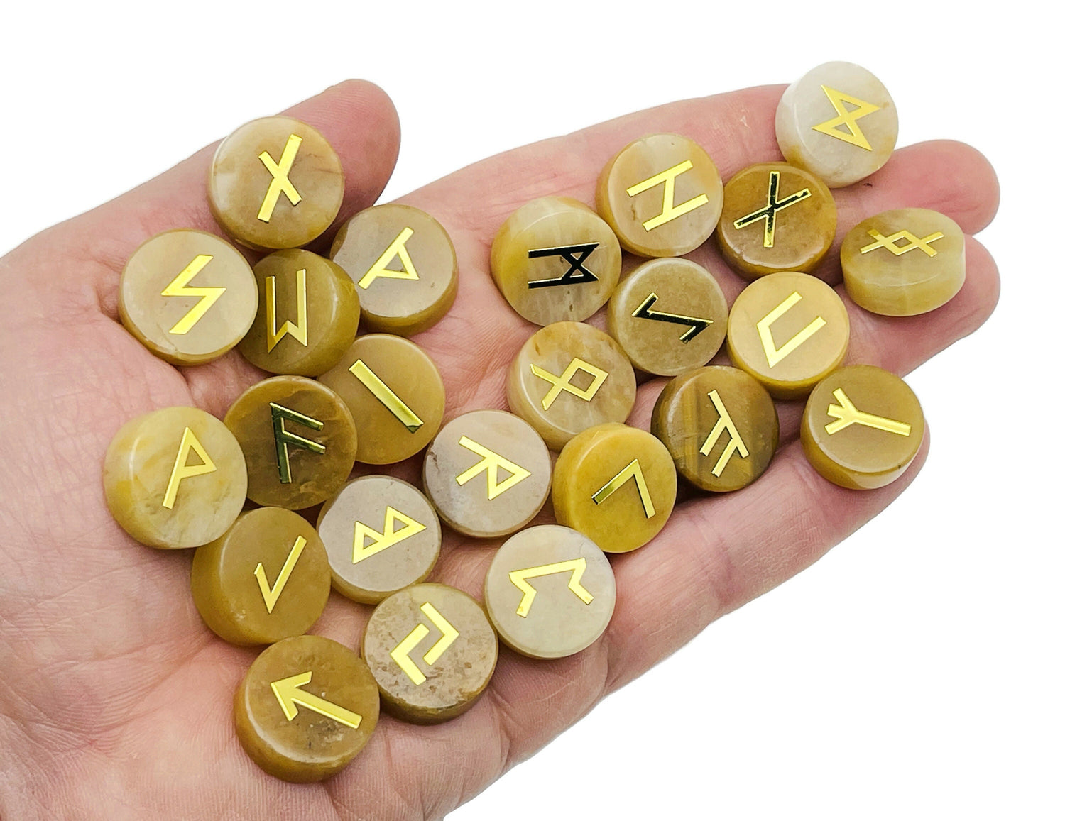 Ensemble de 25 runes en cristal de jade jaune gravées de l'alphabet Futhark ancien - Pierres de poche - Choisissez votre pierre précieuse - RU1010