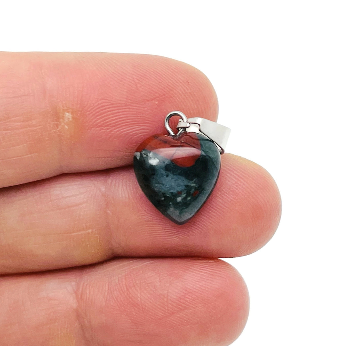 African Bloodstone heart pendant by GemstoneGO featuring a mini crystal design with a polished bloodstone gemstone.