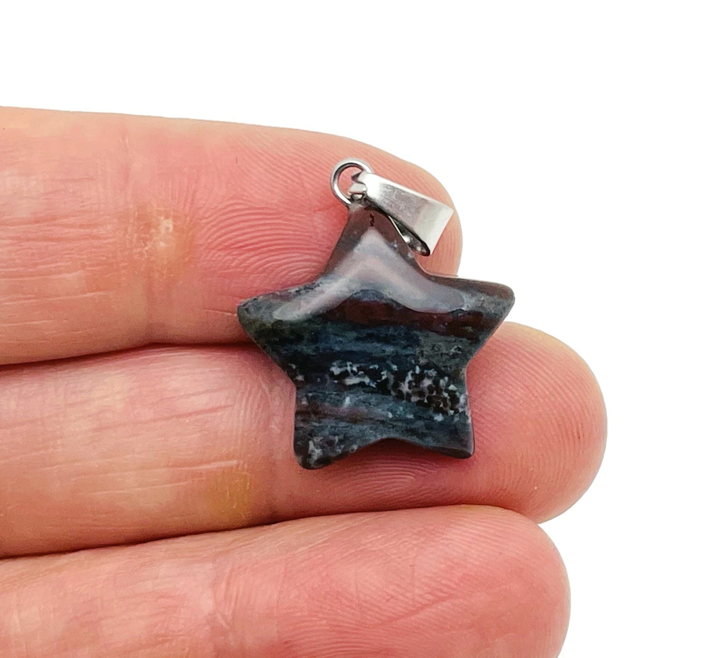 Moss agate star pendant from GemstoneGO featuring natural stone with green and brown patterns, perfect for jewelry making.