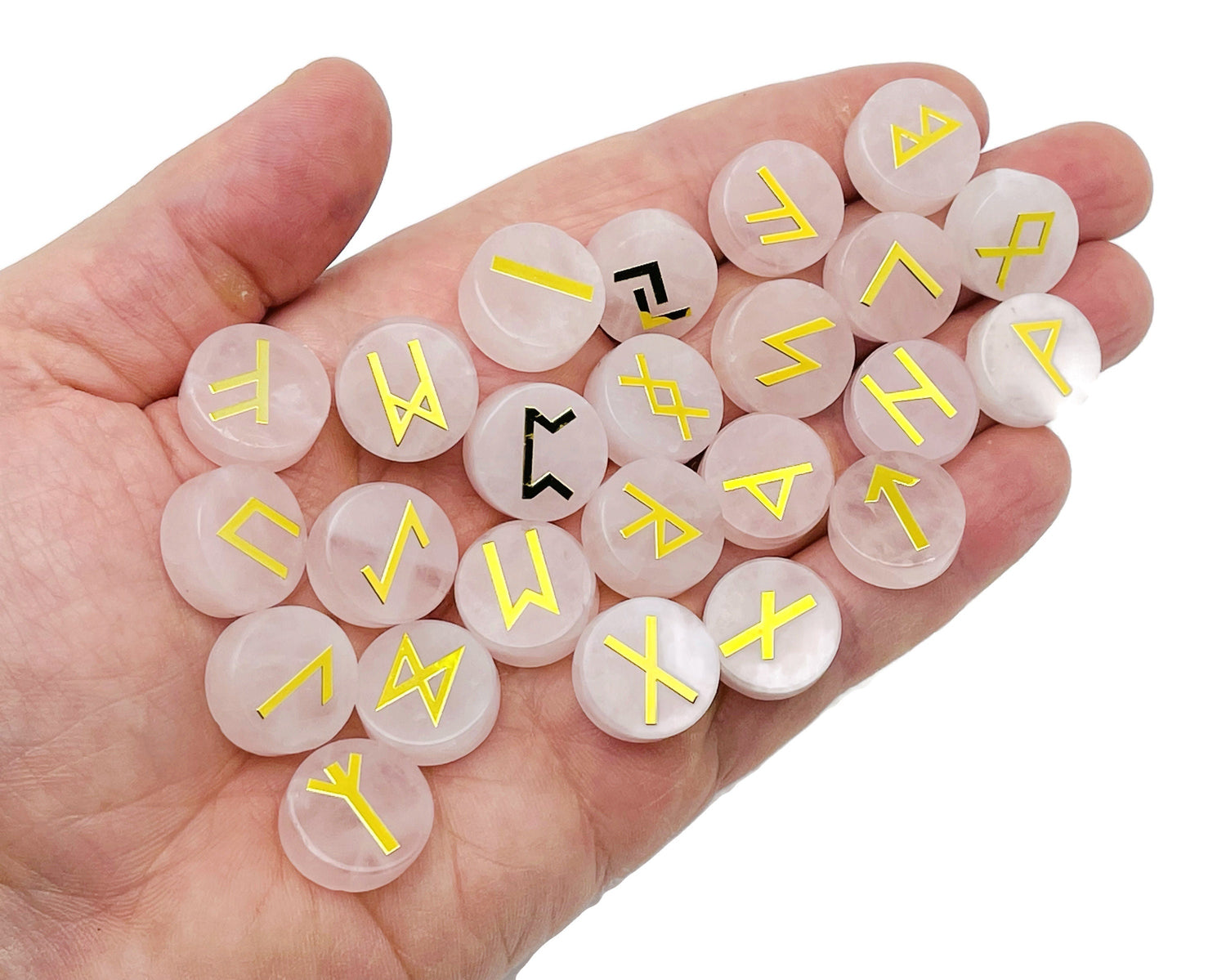 Ensemble de 25 runes en cristal de quartz rose gravées de l'alphabet Futhark ancien - Pierres de poche - Choisissez votre pierre précieuse - RU1001