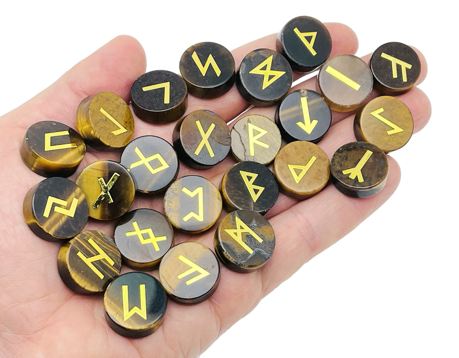 Ensemble de 25 runes en cristal œil de tigre - Alphabet Futhark ancien gravé - Pierres de poche - Choisissez votre pierre précieuse - RU1002