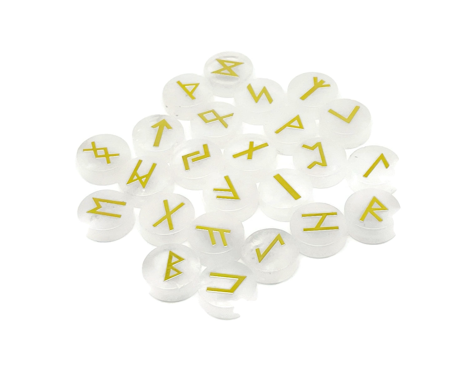 Ensemble de 25 runes en cristal de roche clair, gravées de l'alphabet Futhark ancien - Pierres de poche - Choisissez votre pierre précieuse - RU1003