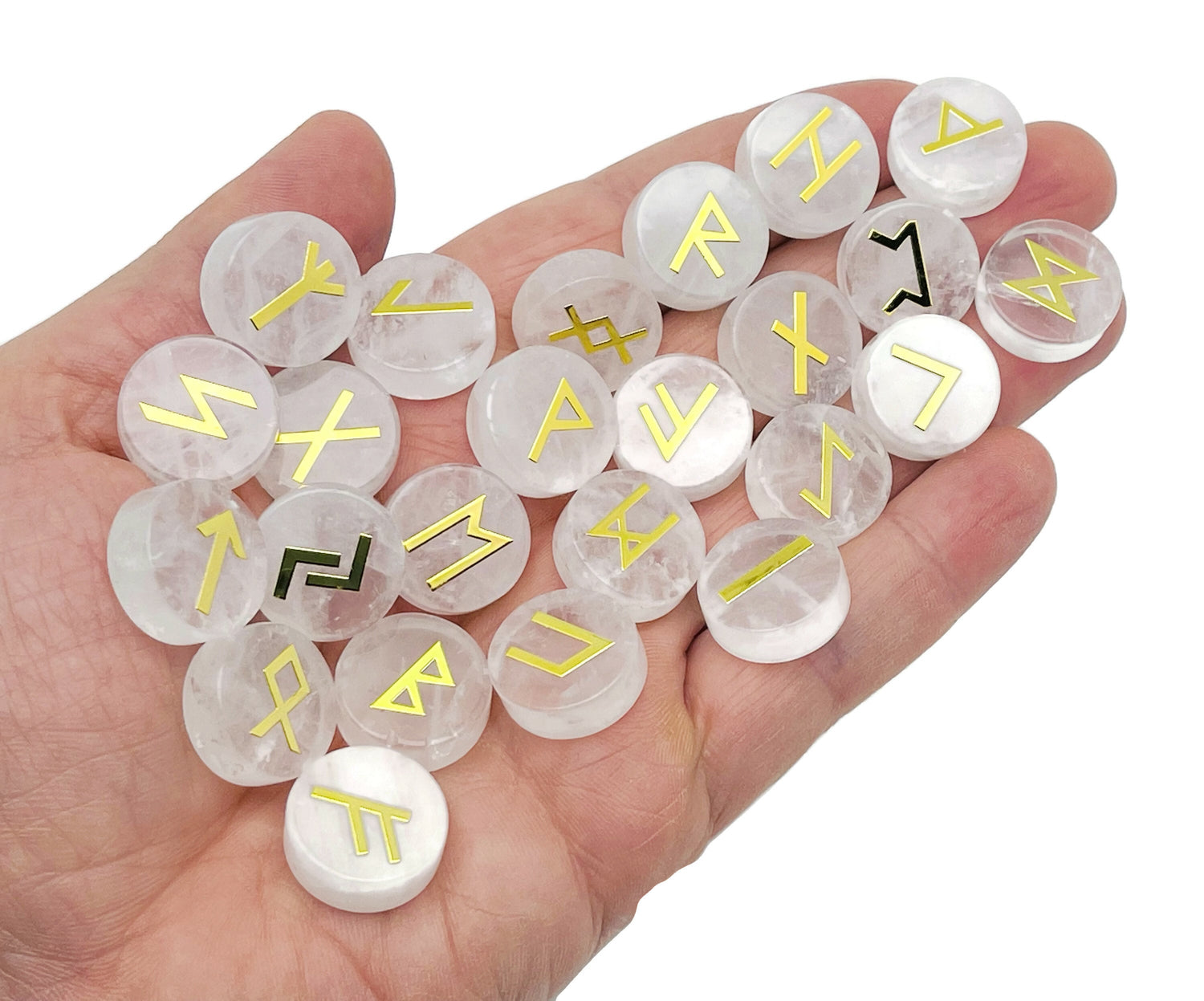 Ensemble de 25 runes en cristal de roche clair, gravées de l'alphabet Futhark ancien - Pierres de poche - Choisissez votre pierre précieuse - RU1003