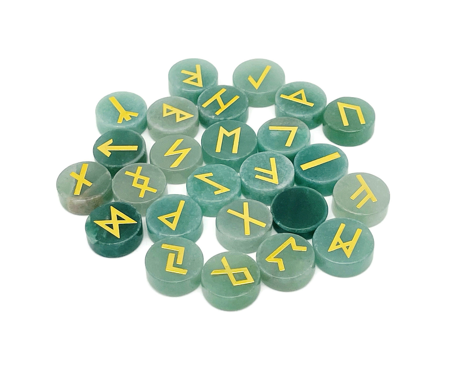 Ensemble de 25 runes en cristal d'aventurine gravées de l'alphabet Futhark ancien - Pierres de poche - Choisissez votre pierre précieuse - RU1004