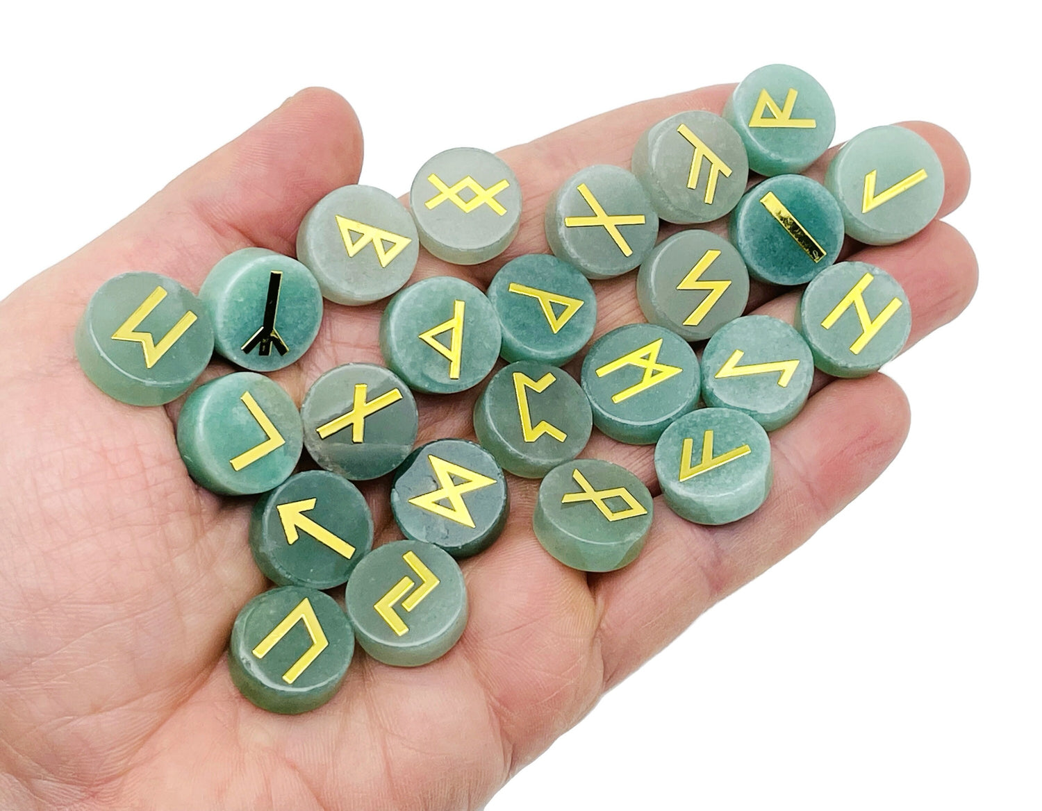 Ensemble de 25 runes en cristal d'aventurine gravées de l'alphabet Futhark ancien - Pierres de poche - Choisissez votre pierre précieuse - RU1004