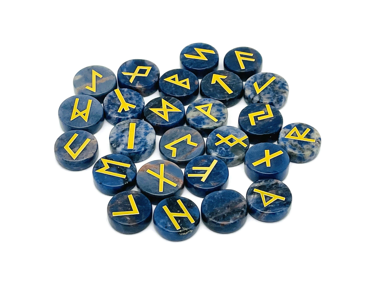 Ensemble de 25 runes en cristal de sodalite gravées de l'alphabet Futhark ancien - Pierres de poche - Choisissez votre pierre précieuse - RU1005