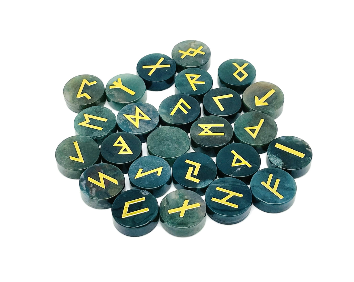 Ensemble de 25 runes en cristal d'agate mousse gravées de l'alphabet Futhark ancien - Pierres de poche - Choisissez votre pierre précieuse - RU1007