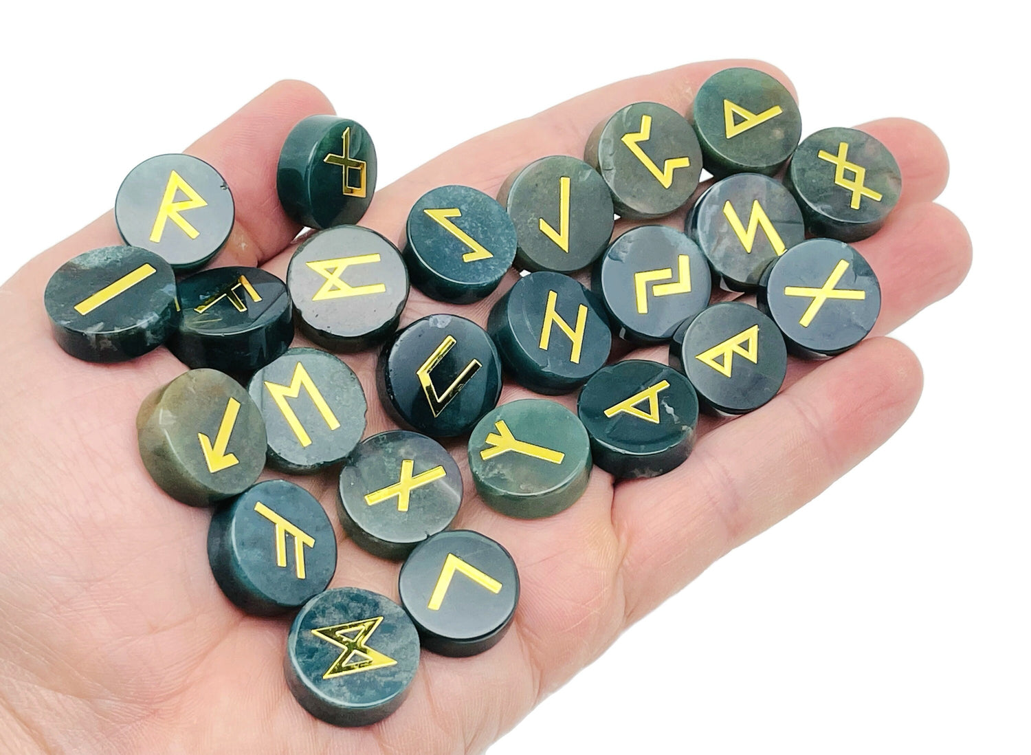 Ensemble de 25 runes en cristal d'agate mousse gravées de l'alphabet Futhark ancien - Pierres de poche - Choisissez votre pierre précieuse - RU1007