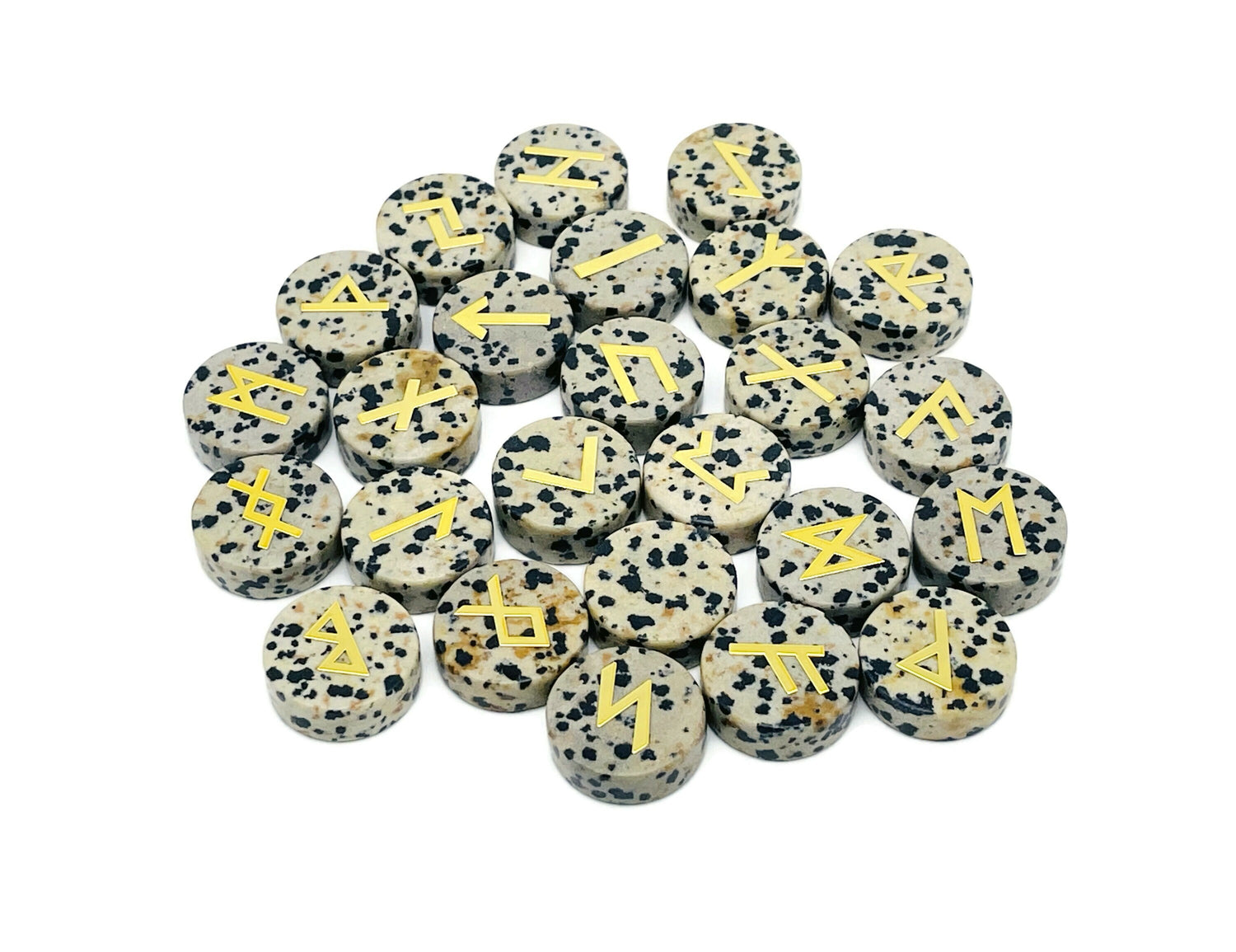 Ensemble de 25 runes en jaspe dalmatien gravées de l'alphabet Futhark ancien - Pierres de poche - Choisissez votre pierre précieuse - RU1008