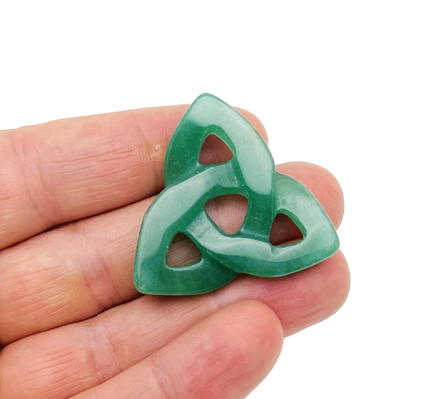 Aventurine Celtic Knot carved gemstone Trinity Crystal pendant from GemstoneGO, featuring intricate knot design and green aventurine color.