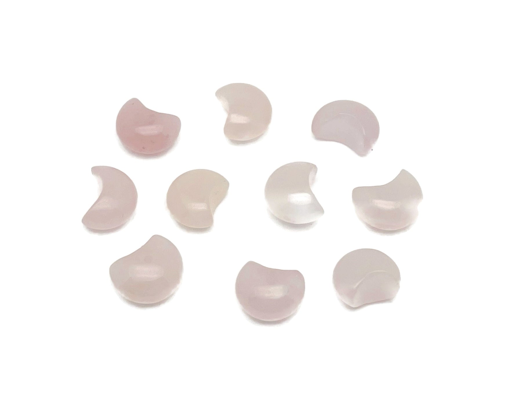 Rose Quartz gemstone moon puffy with 15x9mm size from GemstoneGO, showing a smooth, polished pink moon-shaped stone.