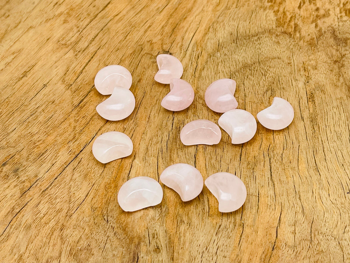 Rose quartz gemstone moon-shaped puffy pendant, 15x9mm, by GemstoneGO, featuring a soft pink, smooth, rounded gemstone design.