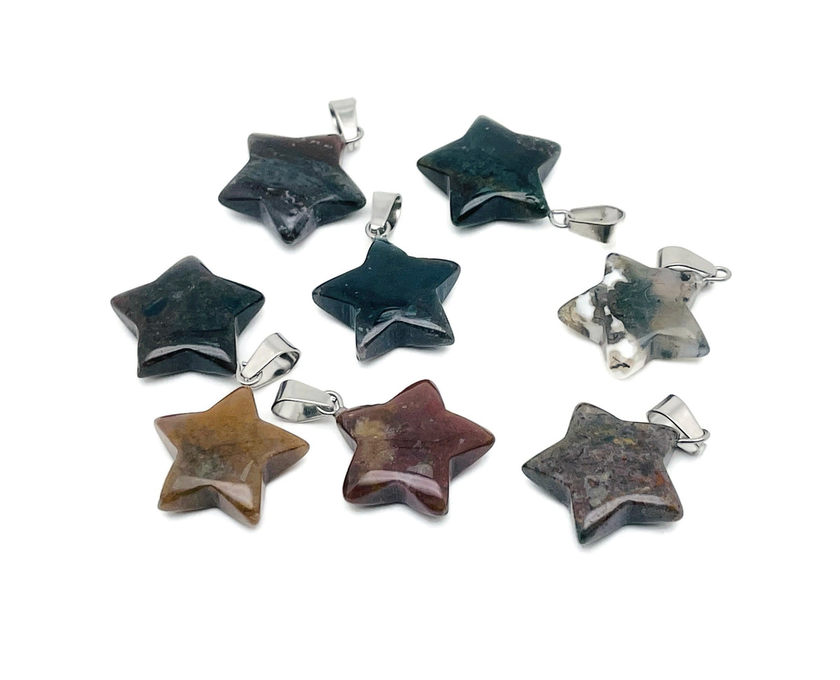 Moss agate star-shaped crystal pendant from GemstoneGO, ideal for jewelry making, featuring natural green and brown stone details.