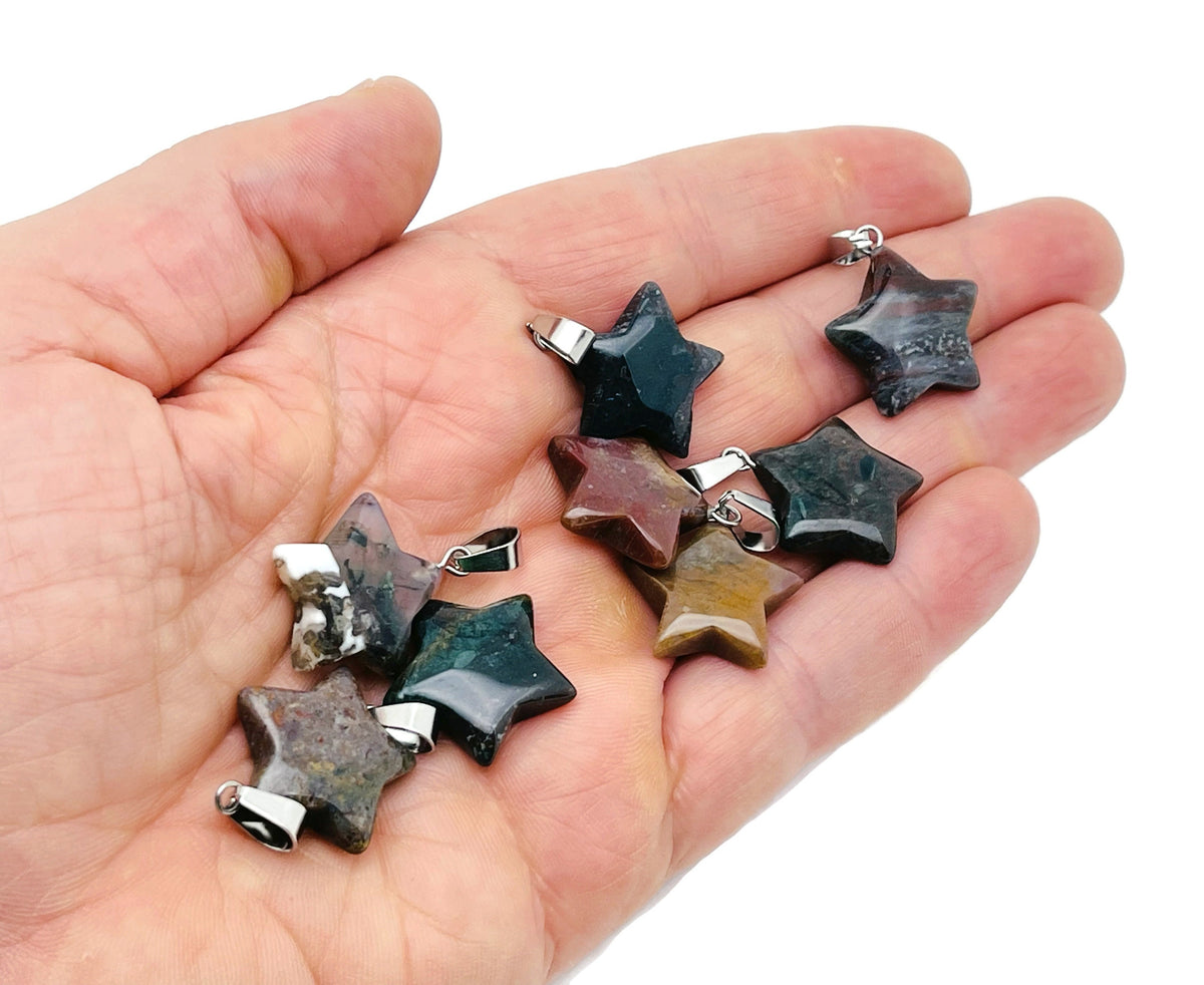 Moss agate star-shaped crystal pendant from GemstoneGO, ideal for jewelry making and craft projects.
