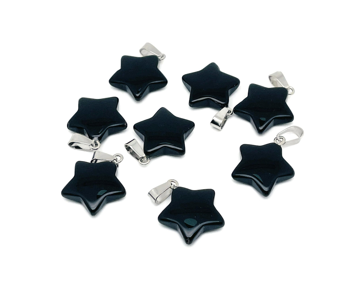 Obsidian star pendant from GemstoneGO, crystal jewelry making supply, featuring a polished black star-shaped gemstone pendant.