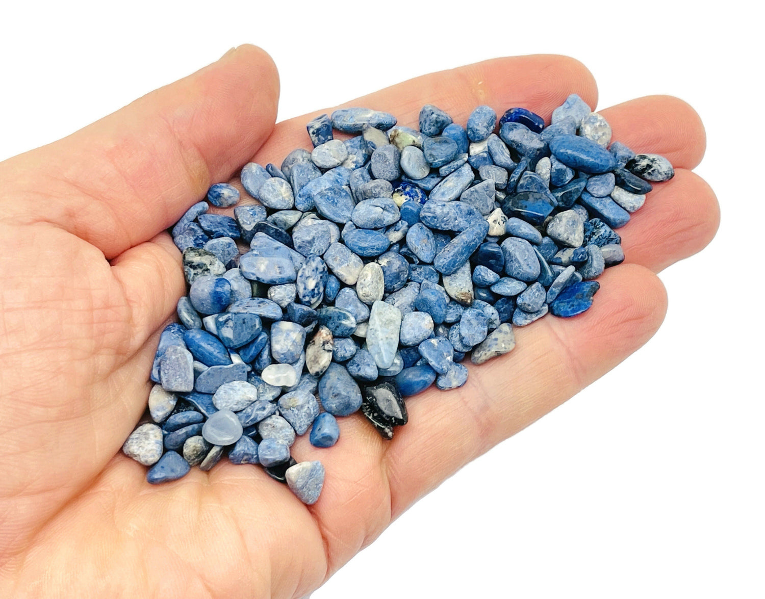 Blue Dumortierite crystal chips, semi-tumbled stones in 5-7mm, from GemstoneGO, shown in a close-up image.