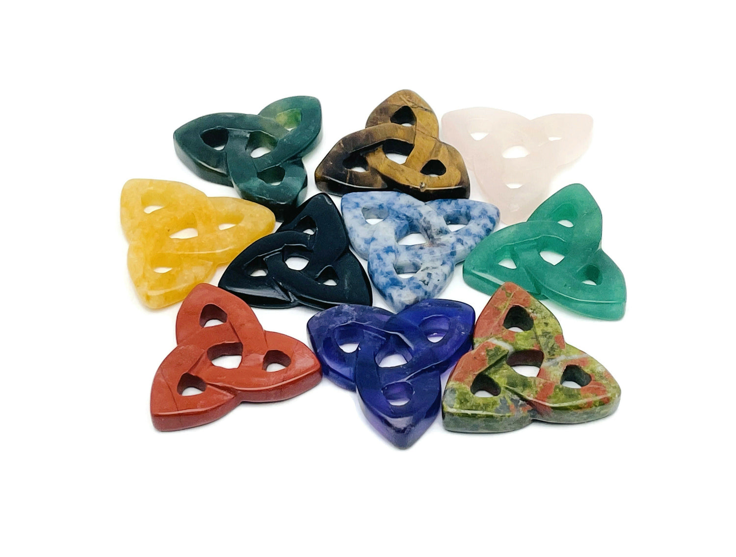 Crystal Celtic Knot carved gemstone Trinity crystal pendant from GemstoneGO, featuring a detailed knot design and various gemstone options.