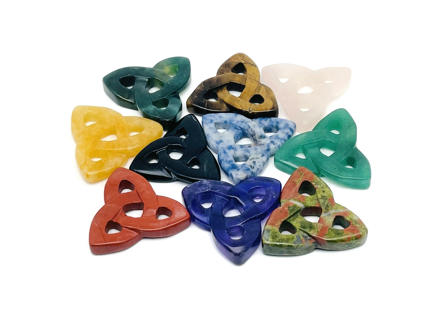 Crystal Celtic Knot carved gemstone Trinity crystal pendant from GemstoneGO, featuring a detailed knot design and various gemstone options.