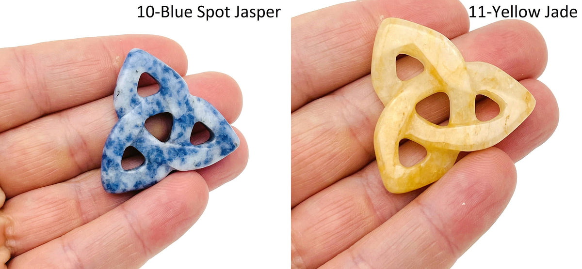 Crystal Celtic Knot carved gemstone pendant from GemstoneGO, featuring Trinity design and assorted colorful stones.