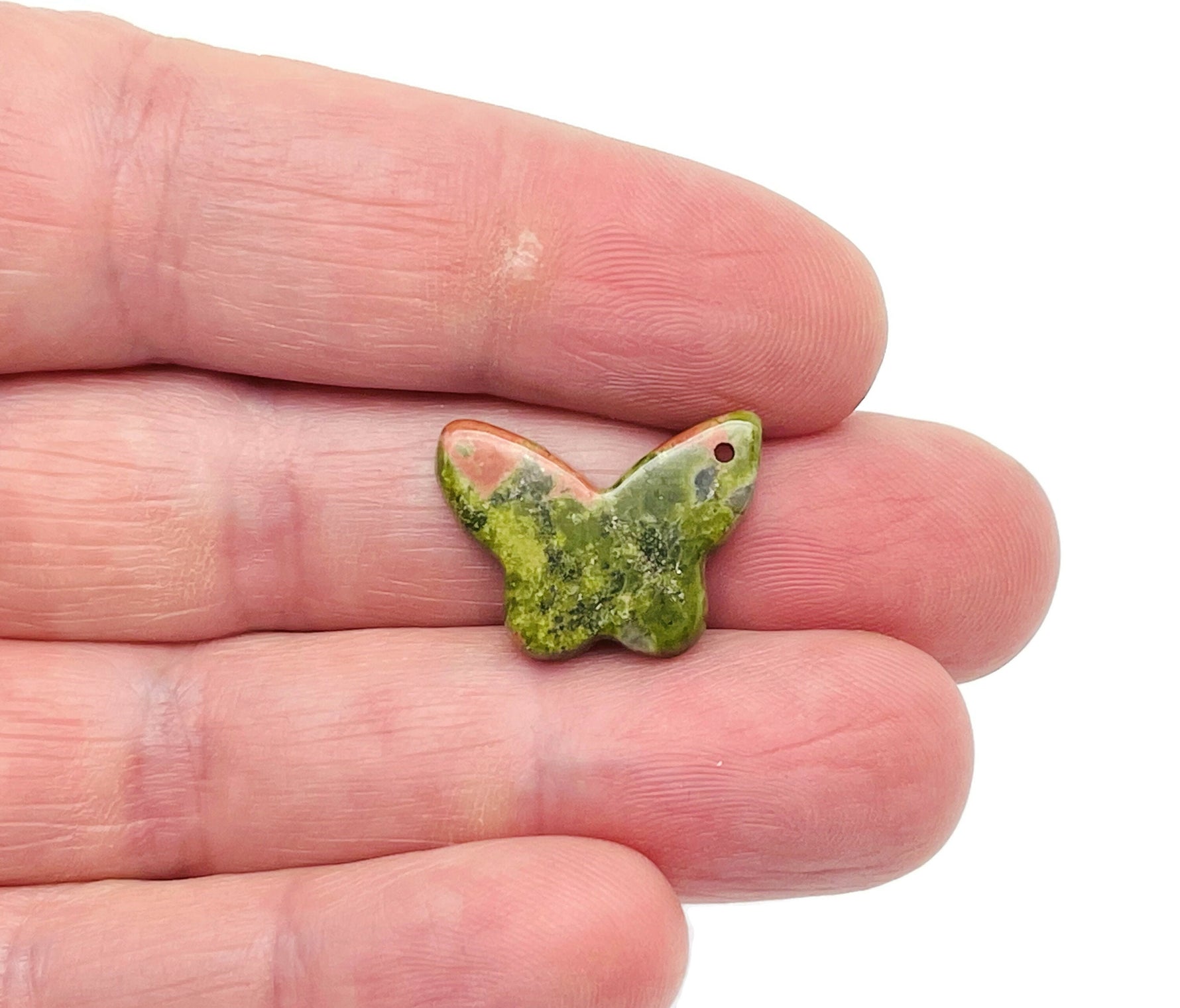 Unakite mini butterfly gemstone pendant with hole for crystal jewelry, featuring vibrant green and pink hues, by GemstoneGO.