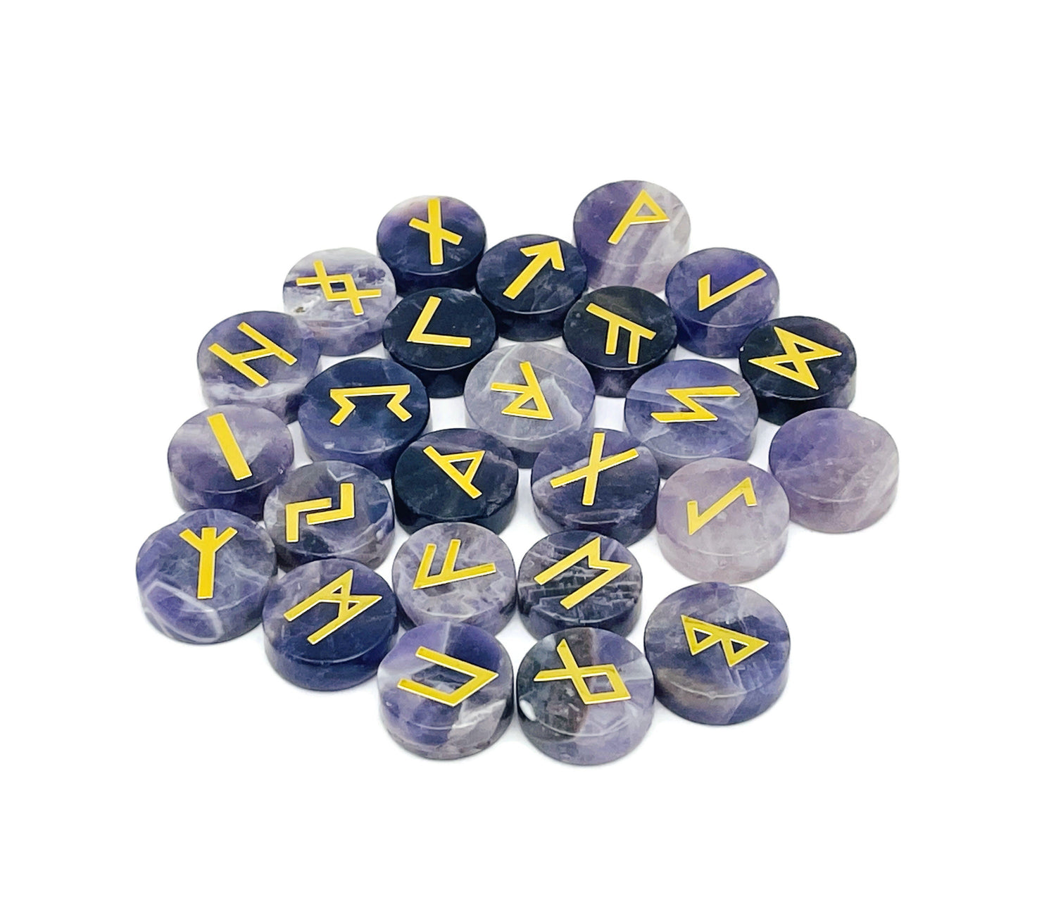 Ensemble de 25 runes en cristal d'améthyste gravées de l'alphabet Futhark ancien - Pierres de poche - Choisissez votre pierre précieuse - RU1006