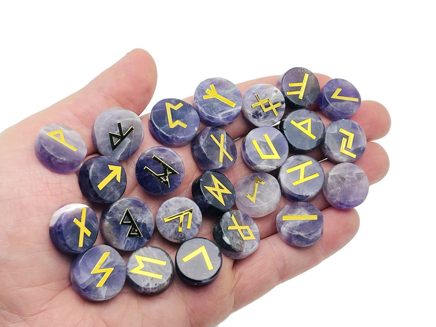 Ensemble de 25 runes en cristal d'améthyste gravées de l'alphabet Futhark ancien - Pierres de poche - Choisissez votre pierre précieuse - RU1006