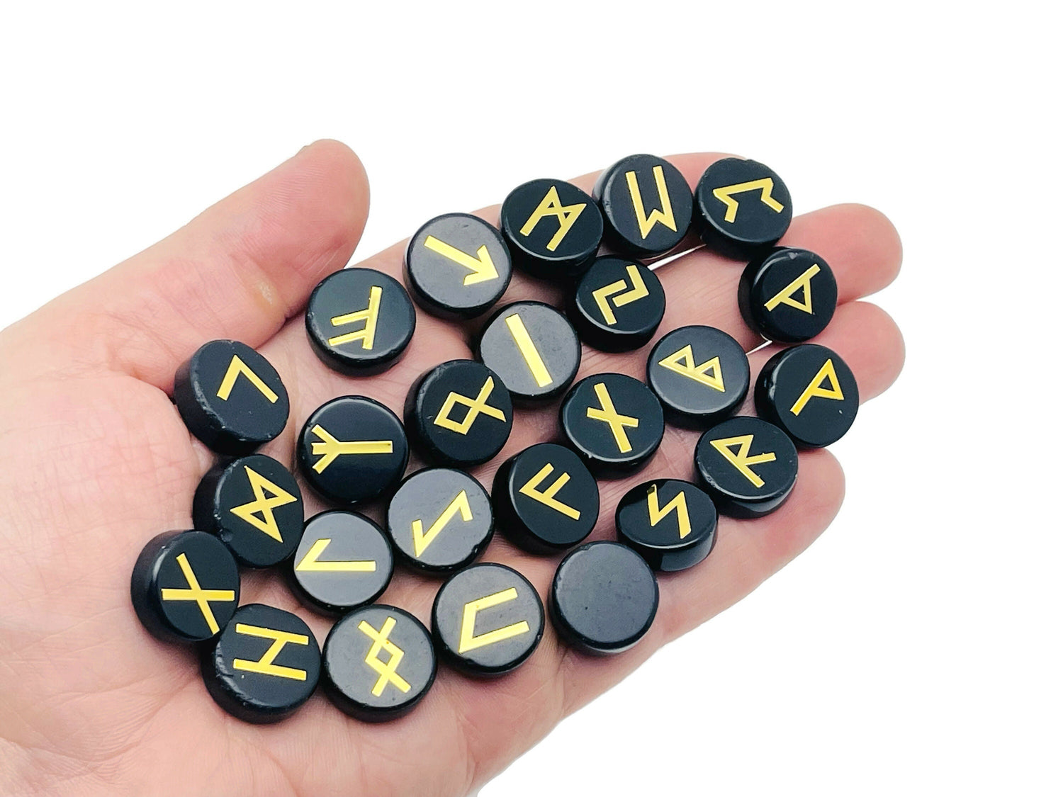 Ensemble de 25 runes en cristal d'obsidienne gravées de l'alphabet Futhark ancien - Pierres de poche - Choisissez votre pierre précieuse - RU1009