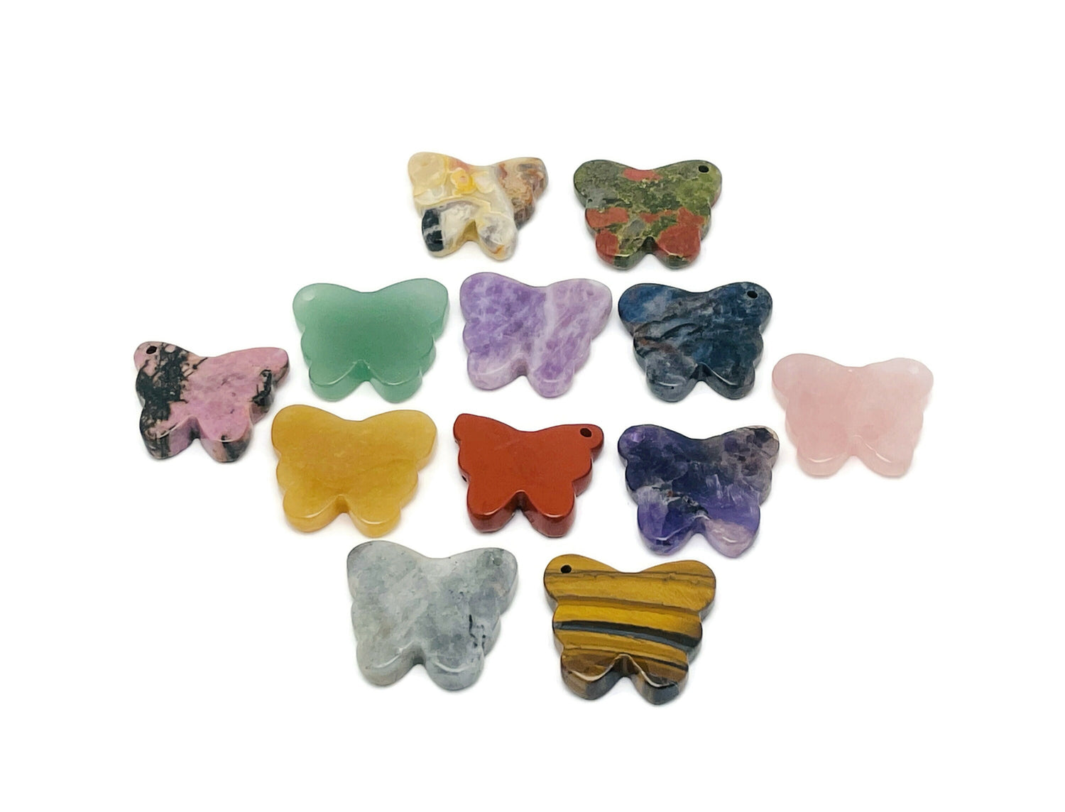 Carved butterfly gemstone pendant with hole for jewelry, colorful crystal loose stone from GemstoneGO, natural gemstone jewelry accessory.