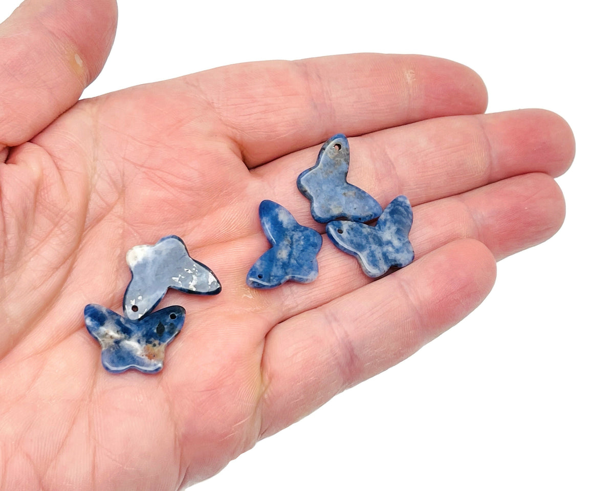 Sodalite mini butterfly gemstone pendant with hole for jewelry, featuring blue and white crystal patterns, by GemstoneGO.