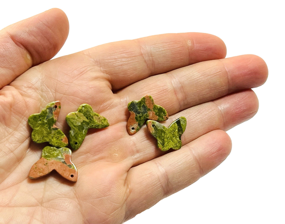 Unakite mini butterfly gemstone pendant with hole for jewelry, showcasing vibrant green and pink colors, from GemstoneGO.