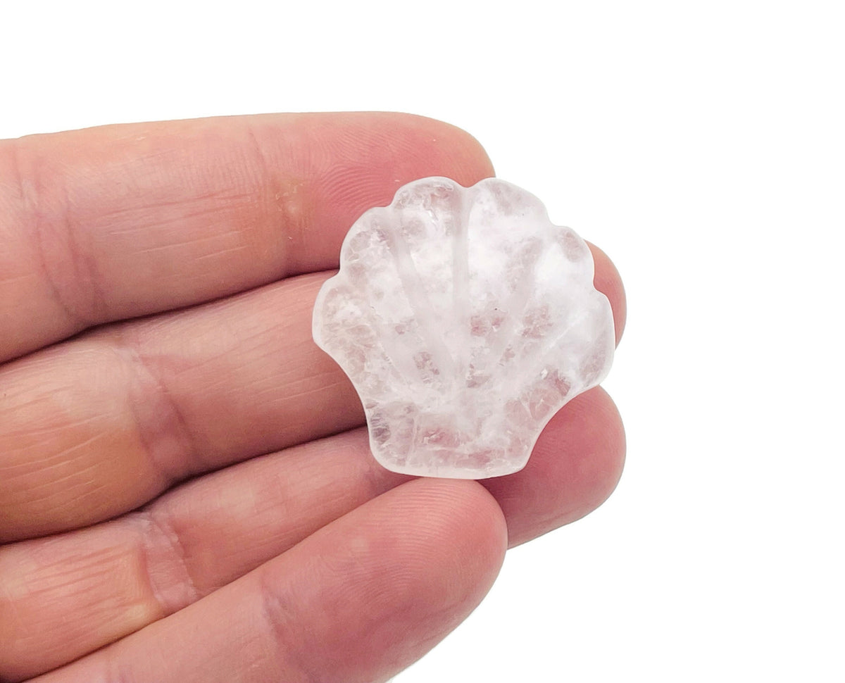 Clear quartz sea shell carving gemstone, 30mm, with intricate shell design, from GemstoneGO, showcasing natural clarity and detailed craftsmanship.