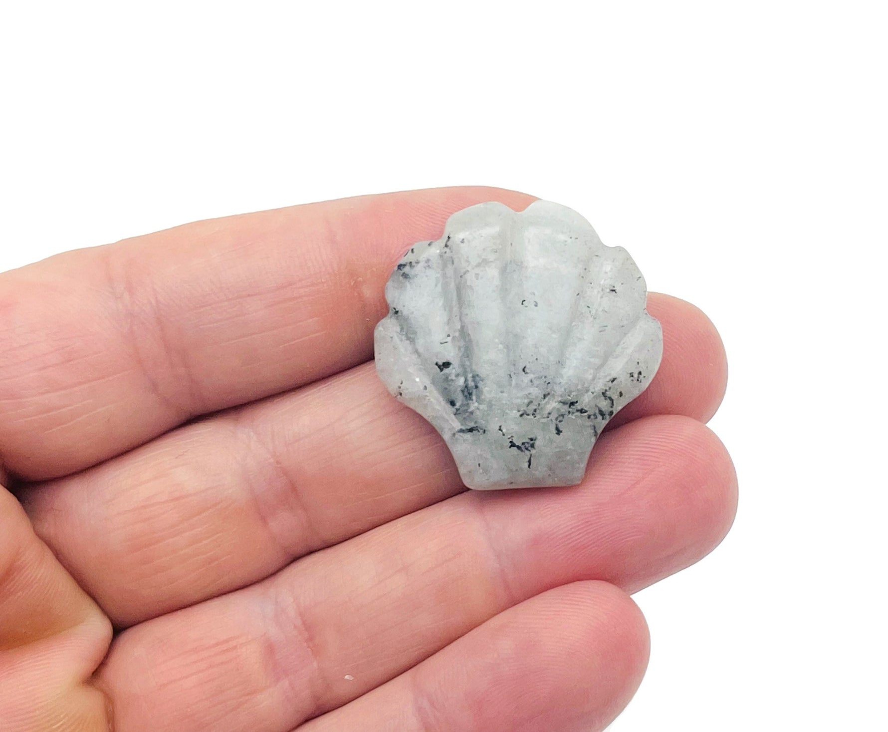 Labradorite sea shell carving gemstone, 30mm, with iridescent blue and gray hues, crafted by GemstoneGO.