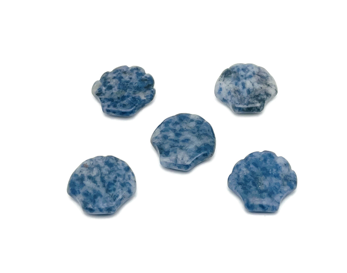 Sodalite sea shell gemstone carving, 30mm, with intricate shell pattern and vibrant blue and white colors, from GemstoneGO.