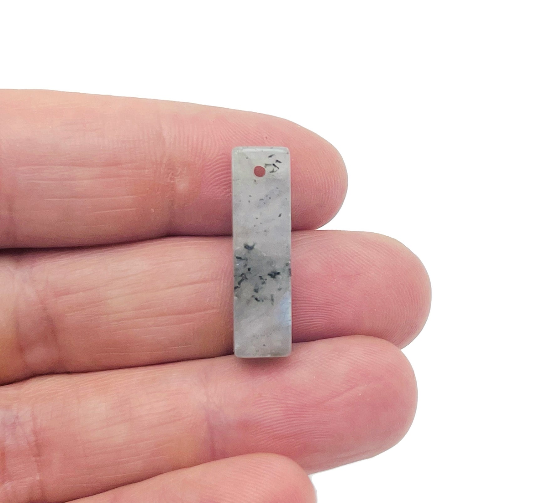 Labradorite crystal pendant with drilled hole for jewelry making, from GemstoneGO, showcasing its iridescent surface and natural shape.