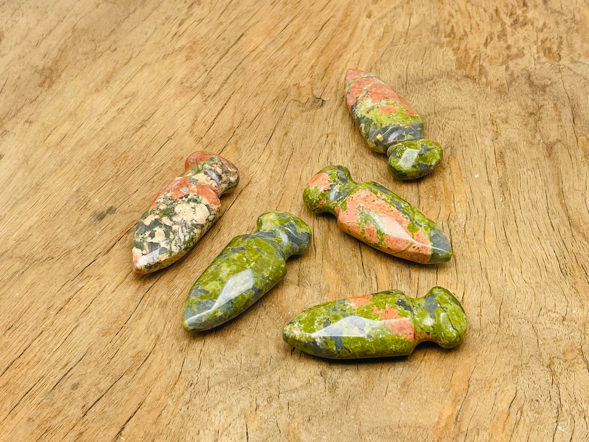 Unakite gemstone carved sword dagger pendant, 50mm, with intricate detailing, from GemstoneGO.