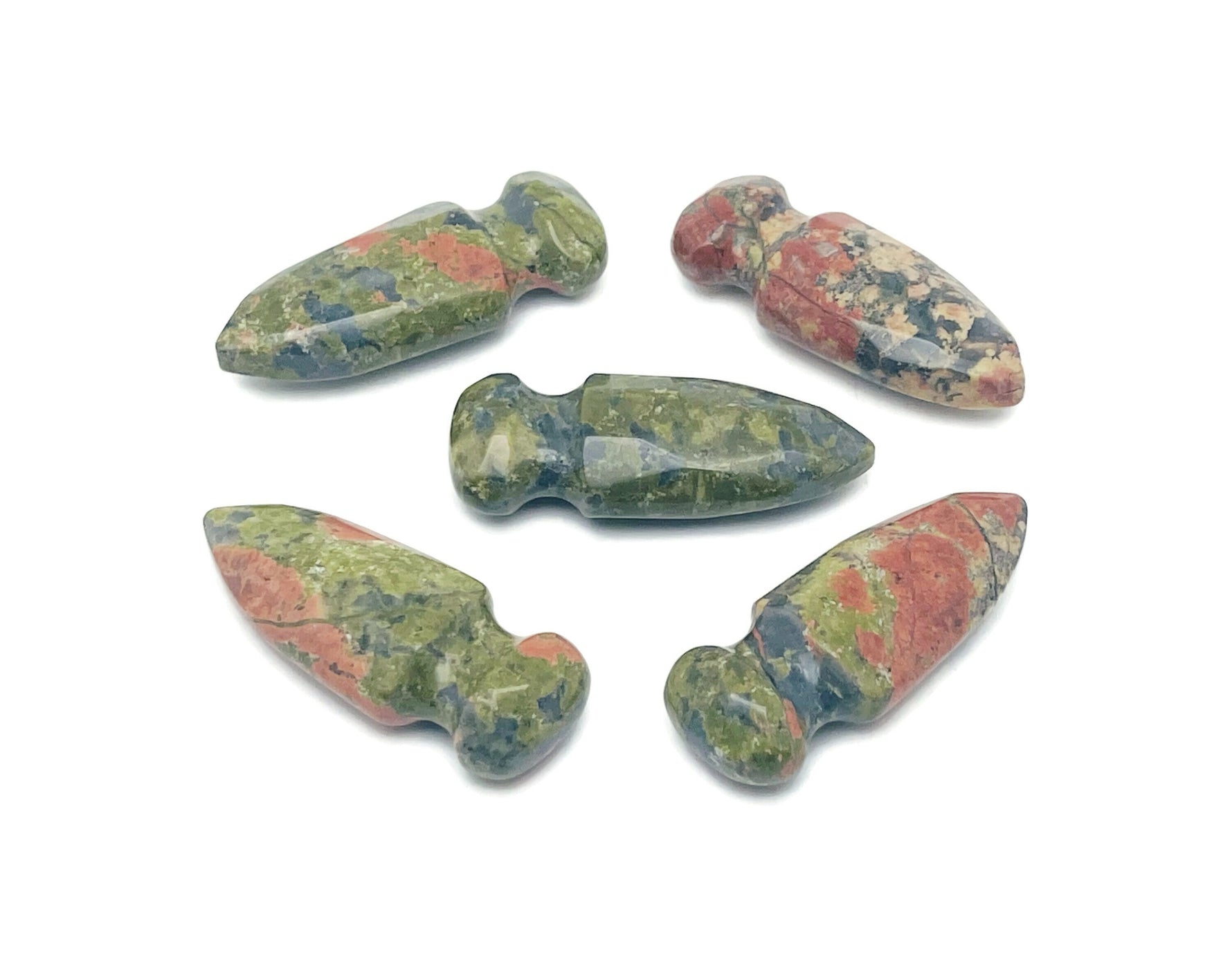 Carved unakite gemstone dagger pendant, 50mm, with detailed sword and dagger design by GemstoneGO.