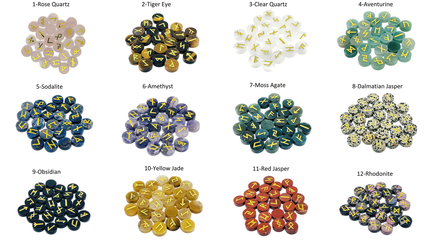 Ensemble de pierres runiques en cristal - Alphabet Futhark ancien gravé, 25 runes - Pierres de poche - Choisissez votre pierre précieuse - CHMIX