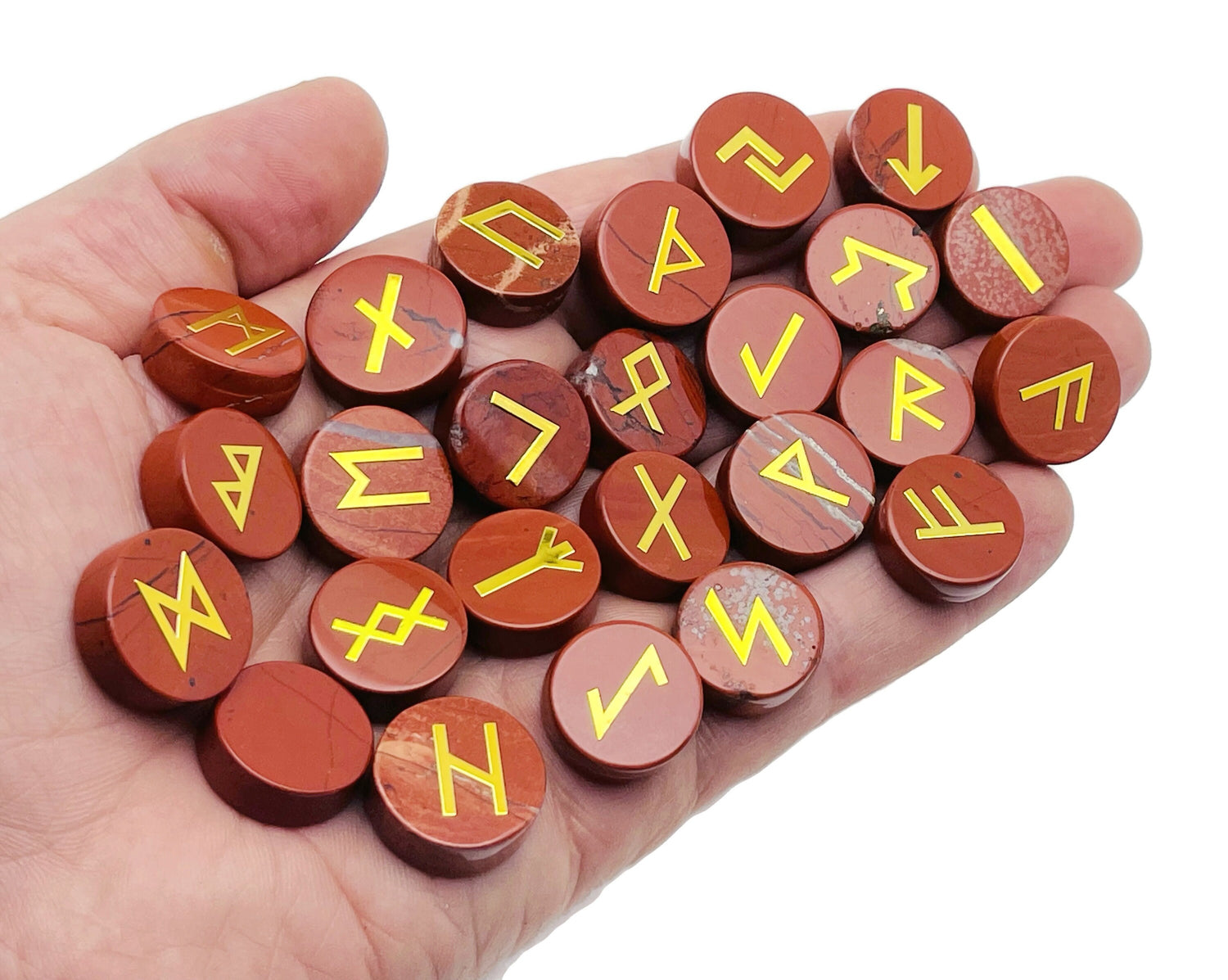 Ensemble de 25 runes en cristal de jaspe rouge gravées de l'alphabet Futhark ancien - Pierres de poche - Choisissez votre pierre précieuse - RU1011