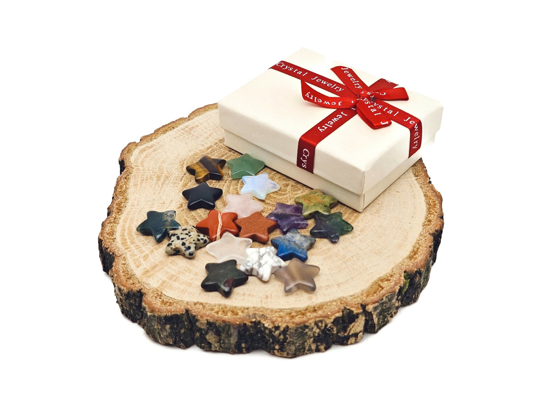 Set of 10 assorted gemstone crystals from GemstoneGO's Crystal Mystery Box Gift Star, ideal for healing and crystal collections.