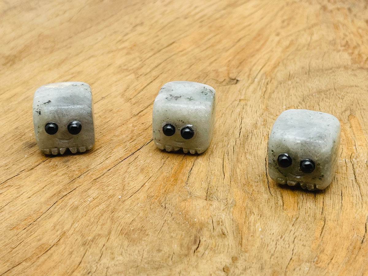 Handmade Labradorite gemstone carving skull, detailed crystal sculpture perfect as a unique gift for kids from GemstoneGO.