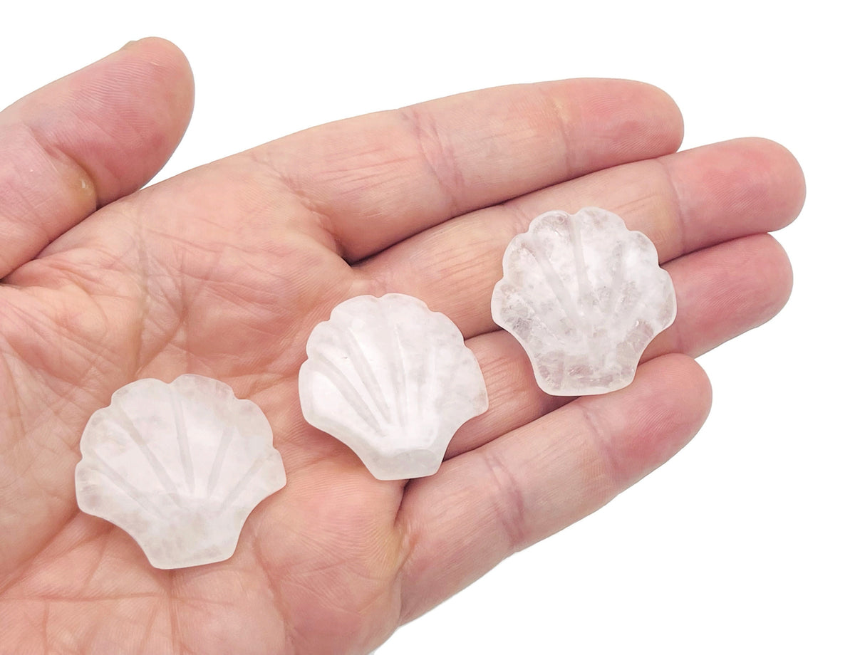 Clear quartz sea shell carving gemstone, 30mm, from GemstoneGO, showing detailed sea shell shape and smooth polished surface.