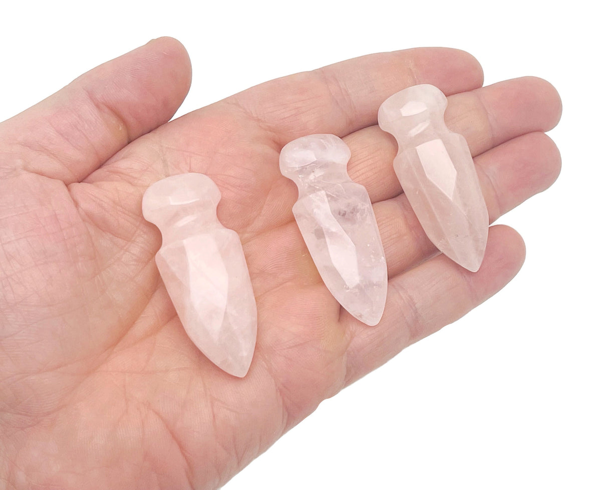 Rose quartz sword dagger carved gemstone, 50mm length, with detailed craftsmanship, from GemstoneGO.