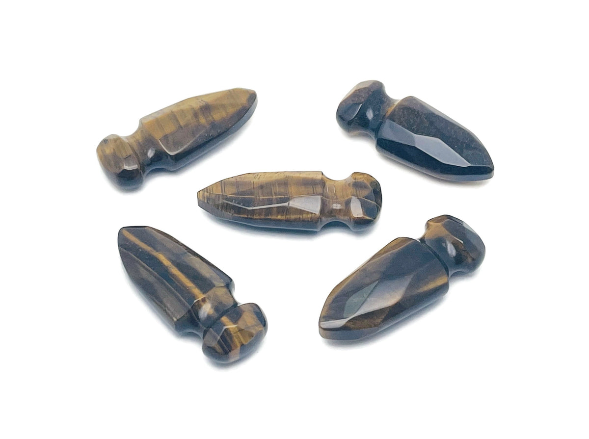Carved Tiger Eye gemstone sword dagger pendant, 50mm, with intricate details, from GemstoneGO.